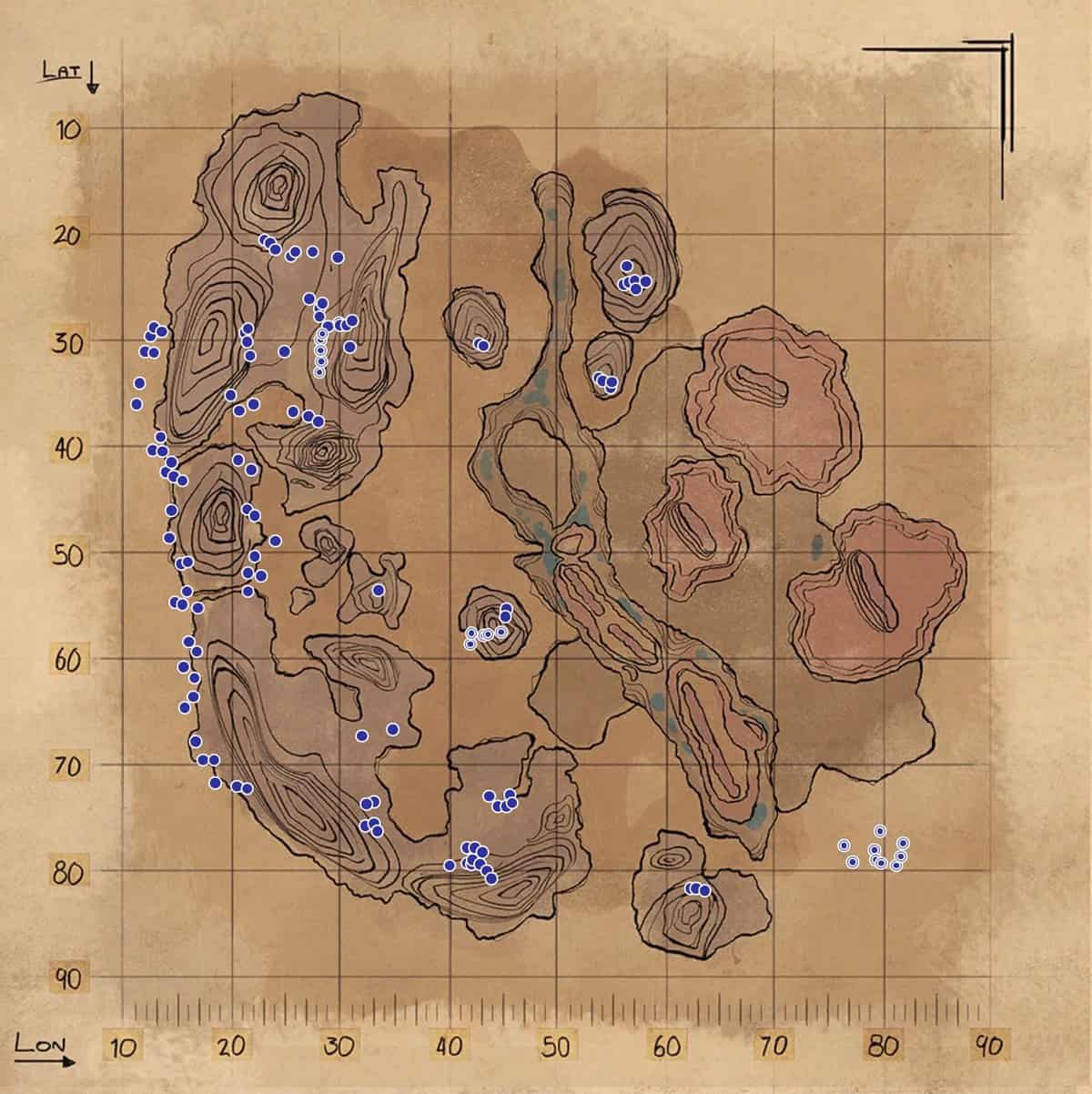Emplacements de l'obsidienne de la terre brûlée de l'arche