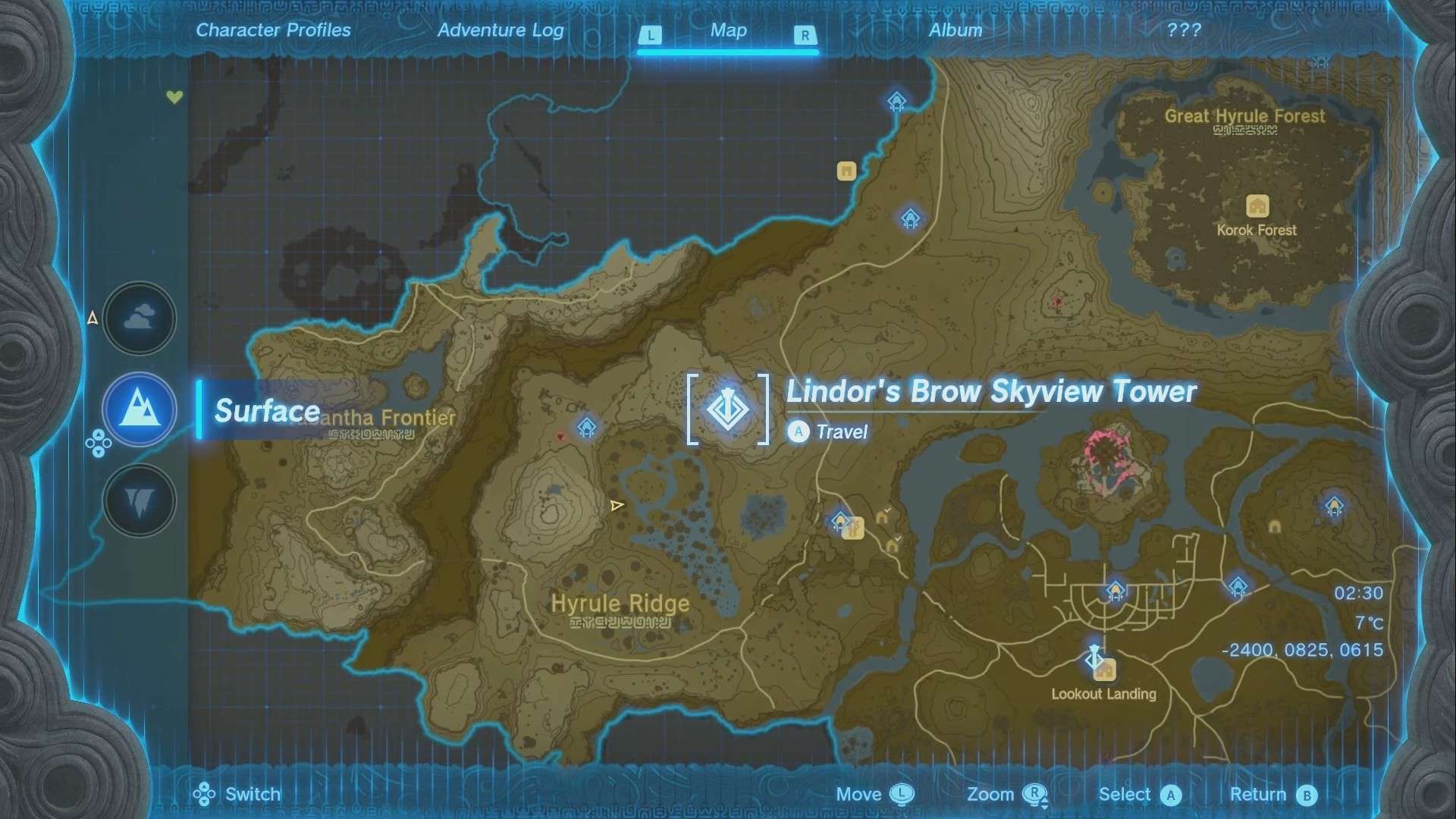 zelda : emplacement de la tour Skyview du front de Totk Lindor