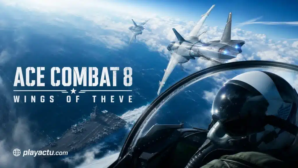 Cockpit et chasseurs survolant l’océan dans Ace Combat 8