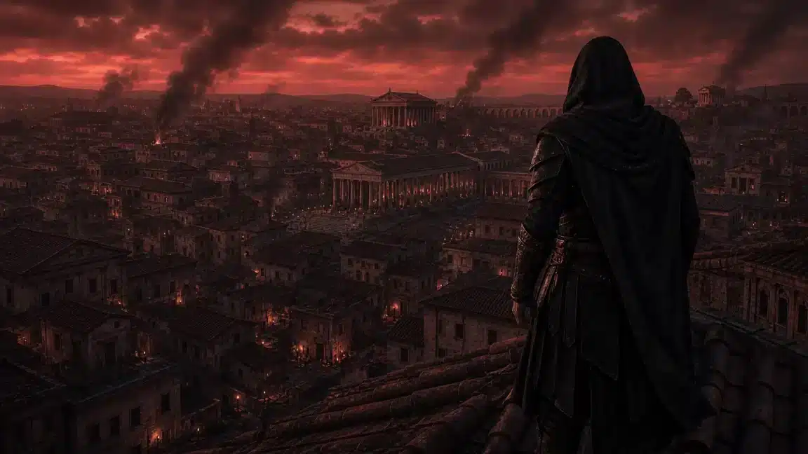 Silhouette encapuchonnée observant la Rome antique en l’an 64 au crépuscule