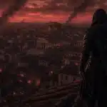 Silhouette encapuchonnée observant la Rome antique en l’an 64 au crépuscule