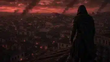 Silhouette encapuchonnée observant la Rome antique en l’an 64 au crépuscule
