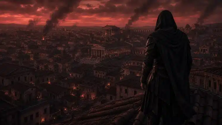 Silhouette encapuchonnée observant la Rome antique en l’an 64 au crépuscule