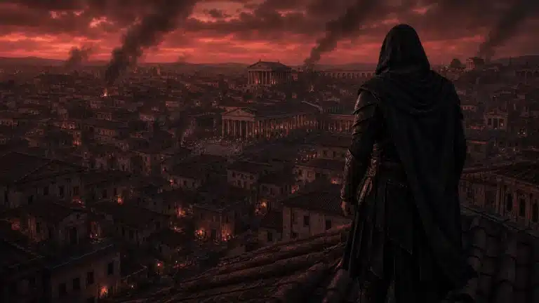 Silhouette encapuchonnée observant la Rome antique en l’an 64 au crépuscule