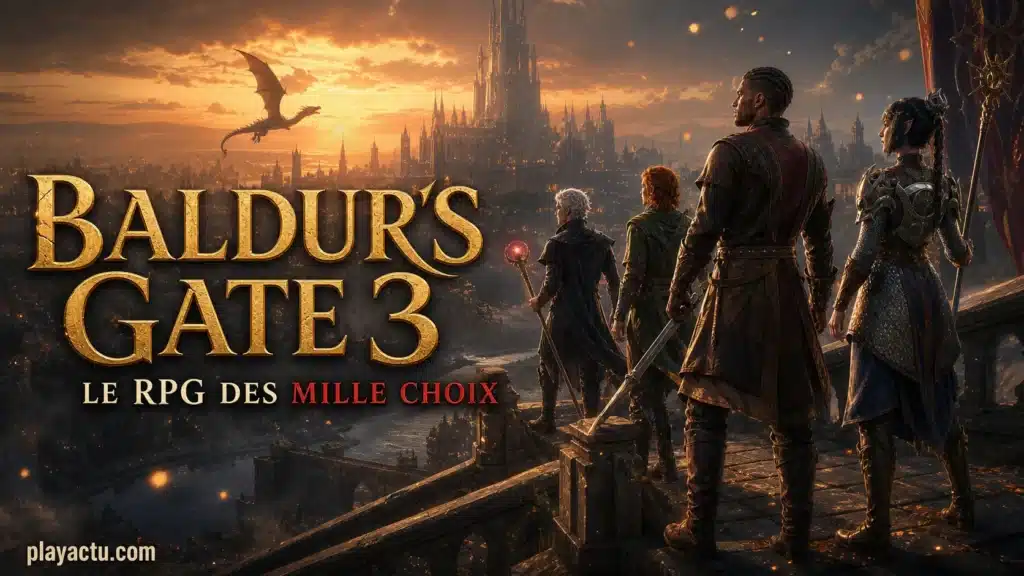 Groupe d'aventuriers face à une cité fantastique dans Baldur's Gate 3