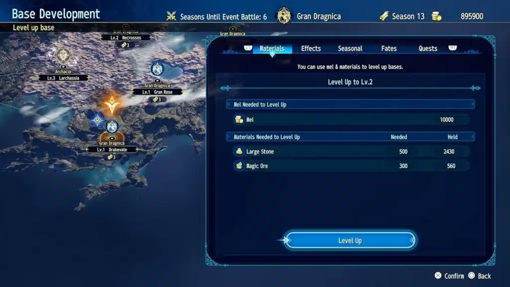 Écran de développement de base et carte stratégique dans Brigandine Abyss