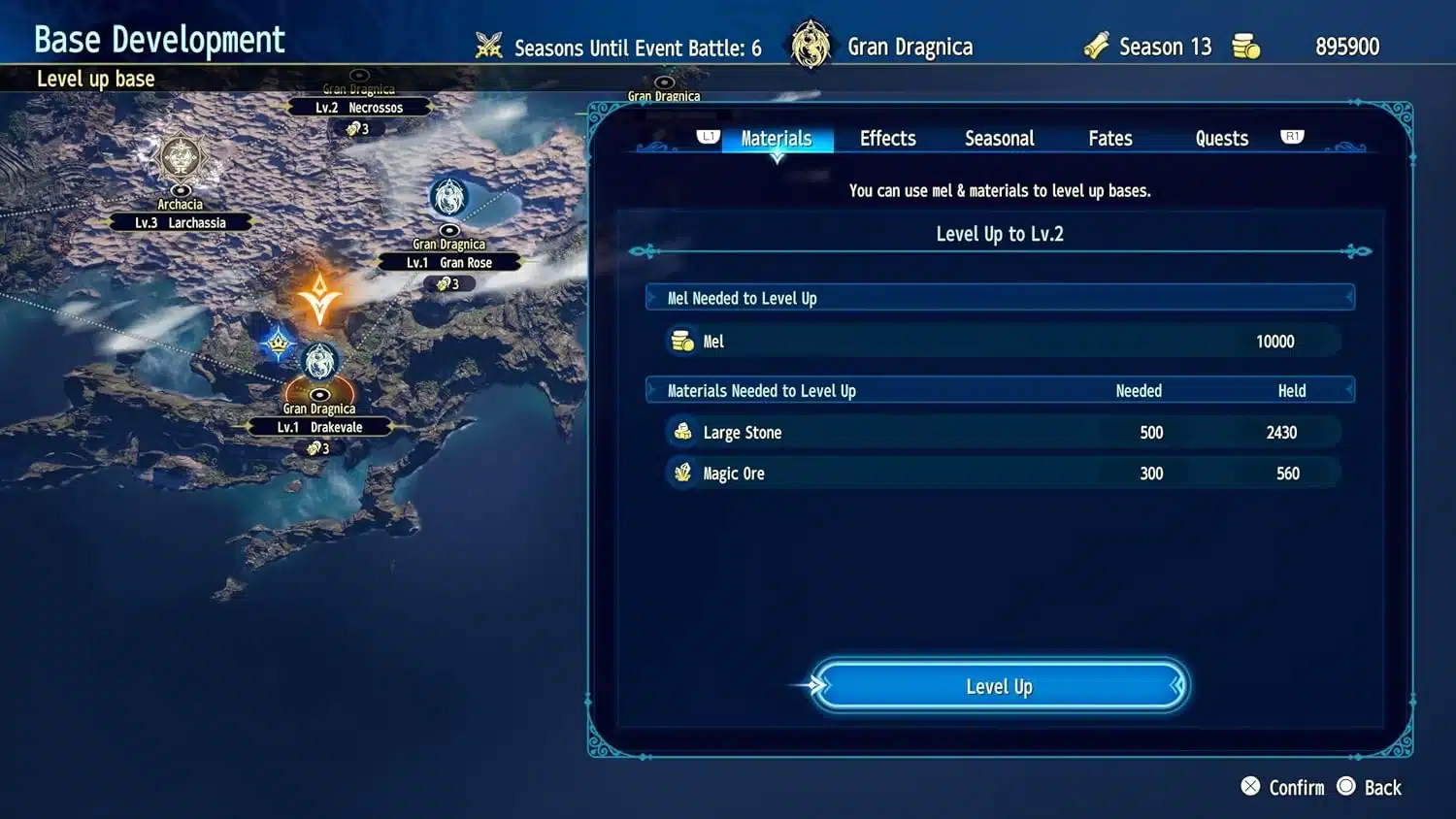 Écran de développement de base et carte stratégique dans Brigandine Abyss