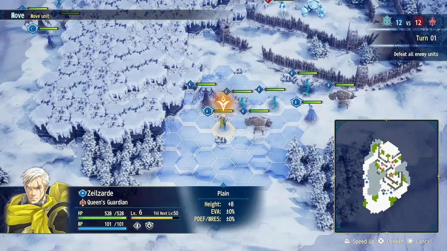 Combat tactique sur une grille hexagonale enneigée dans Brigandine Abyss