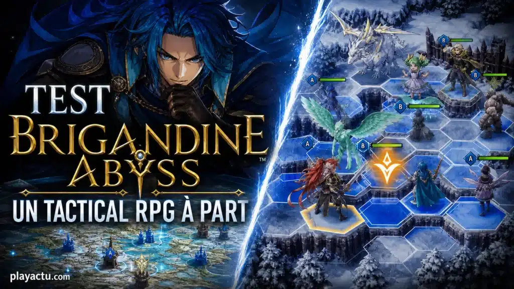 Montage éditorial de Brigandine Abyss avec un commandant et un combat tactique hexagonal