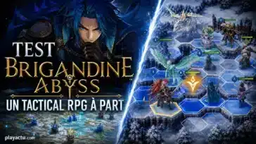 Montage éditorial de Brigandine Abyss avec un commandant et un combat tactique hexagonal