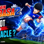 Montage Playactu de Captain Tsubasa 2 avec un super-tir dans un stade bleu électrique