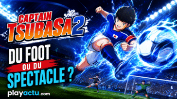 Montage Playactu de Captain Tsubasa 2 avec un super-tir dans un stade bleu électrique