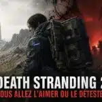 Sam avec son chargement entre un monde désert et une zone de combat rouge