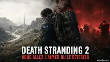 Sam avec son chargement entre un monde désert et une zone de combat rouge