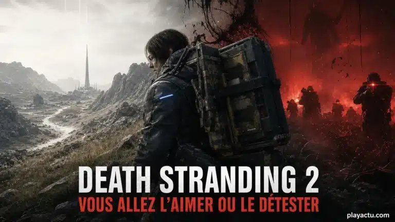 Sam avec son chargement entre un monde désert et une zone de combat rouge