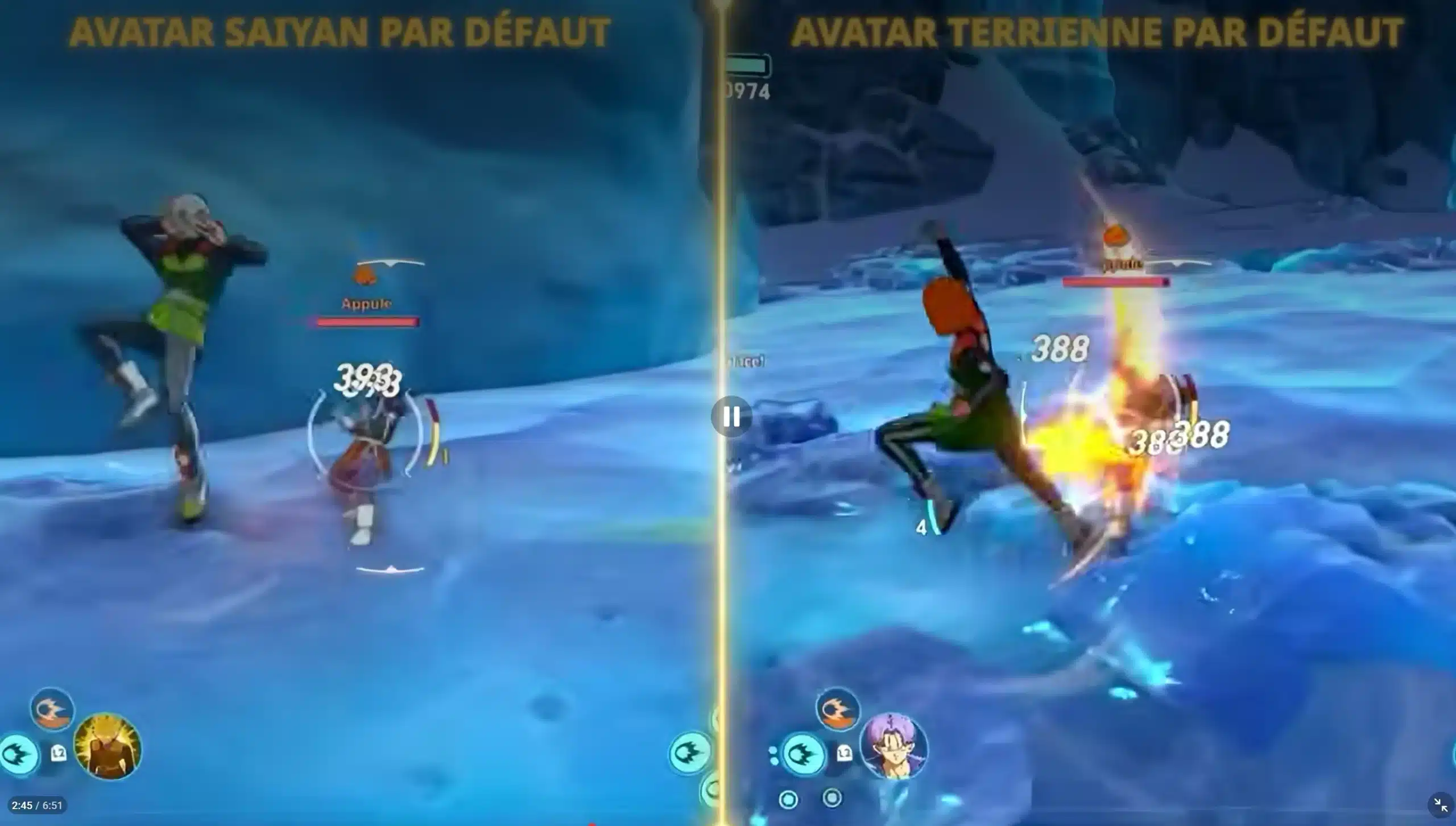 Comparaison vidéo d'un avatar Saiyan et d'un avatar terrien dans un combat sur un glacier