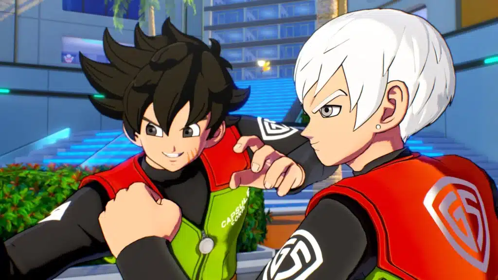 Deux combattants en uniforme rouge et vert dans une capture officielle de Xenoverse 3