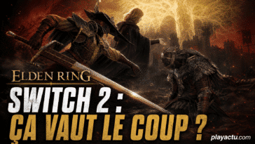 Montage Elden Ring sur Switch 2 : un Sans-eclat en combat devant l'Arbre-Monde
