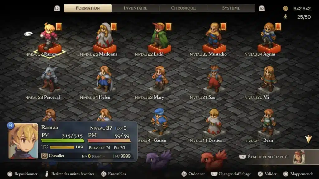 Écran de formation d’escouade dans Final Fantasy Tactics