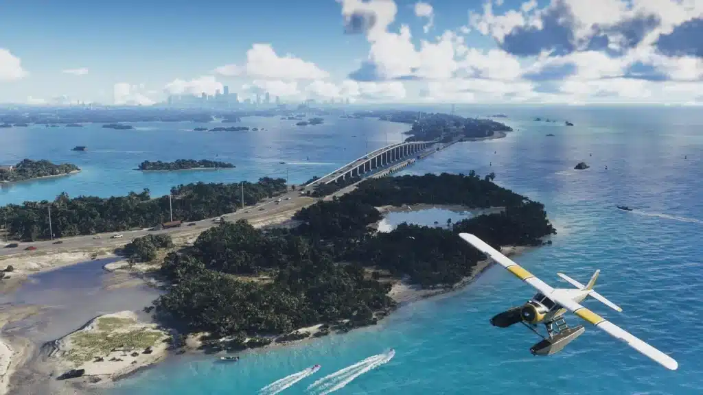 Vue aérienne des îles et d’un hydravion dans Grand Theft Auto VI