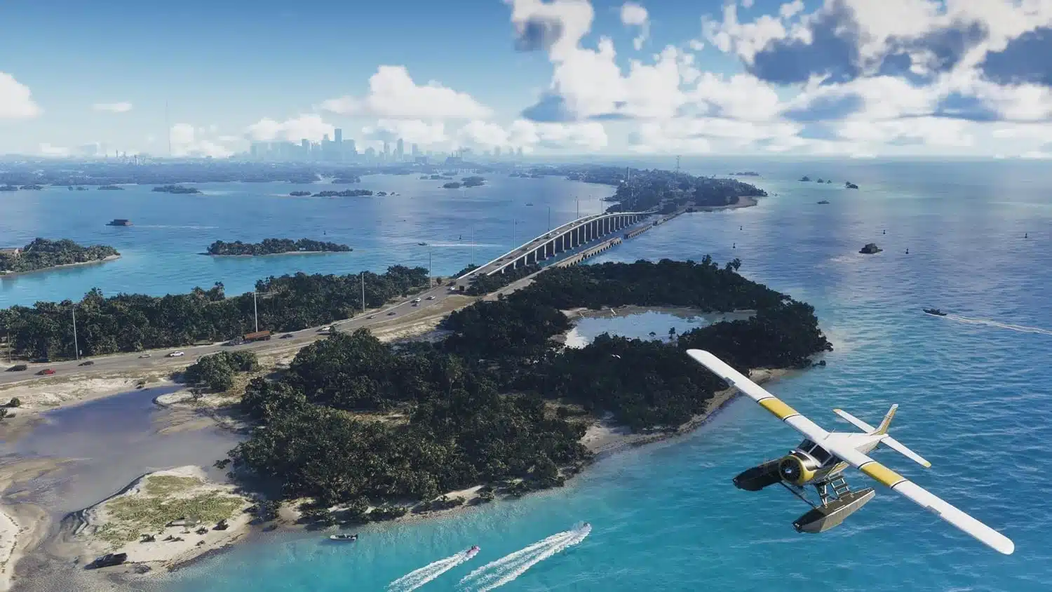 Vue aérienne des îles et d’un hydravion dans Grand Theft Auto VI