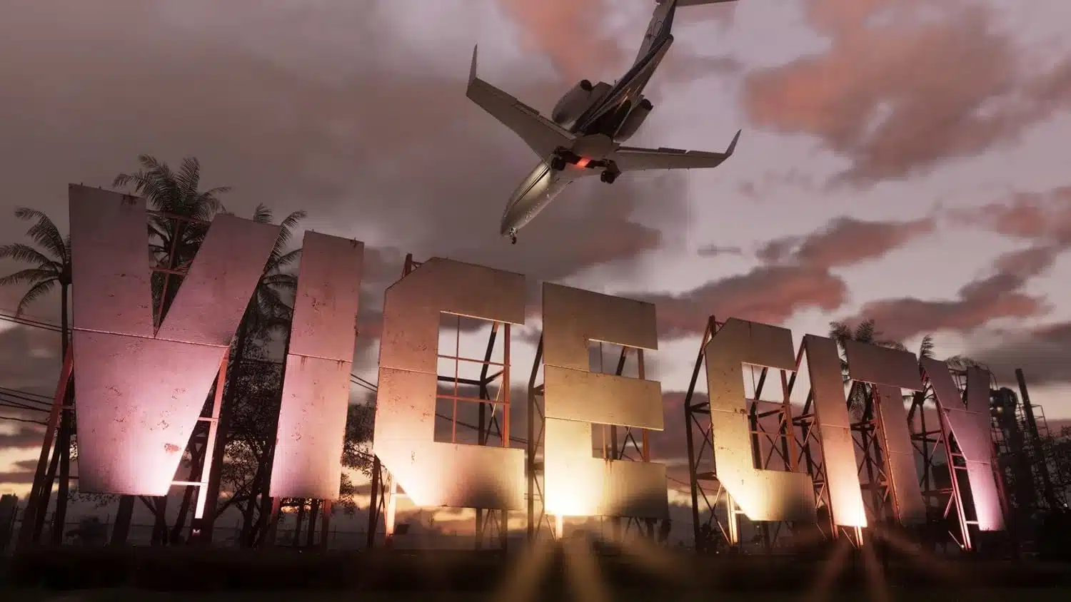 Lettres Vice City et avion au coucher du soleil dans Grand Theft Auto VI
