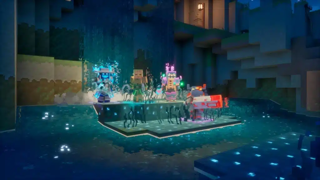 Quatre héros cubiques réunis sur une plateforme lumineuse dans Minecraft Dungeons II