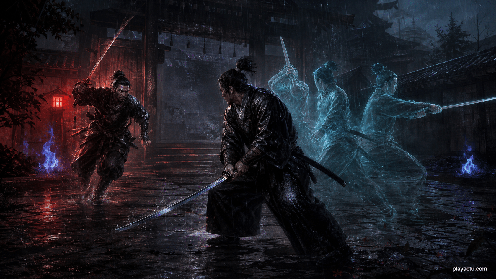 Illustration originale dun duel de samourais montrant garde, esquive et contre