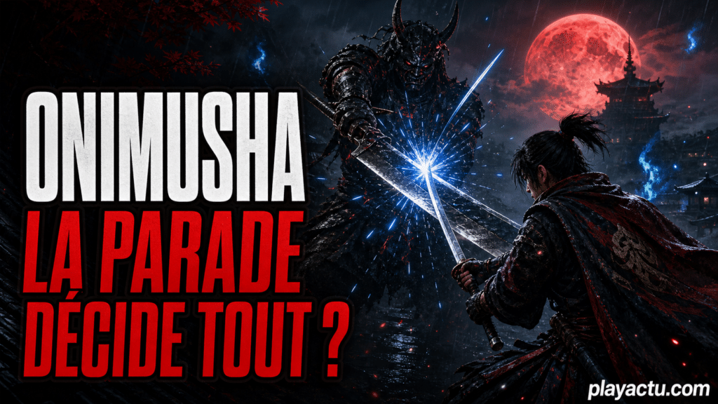 Illustration originale Onimusha Way of the Sword : un samourai reussit une parade decisive sous une lune rouge