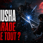 Illustration originale Onimusha Way of the Sword : un samourai reussit une parade decisive sous une lune rouge