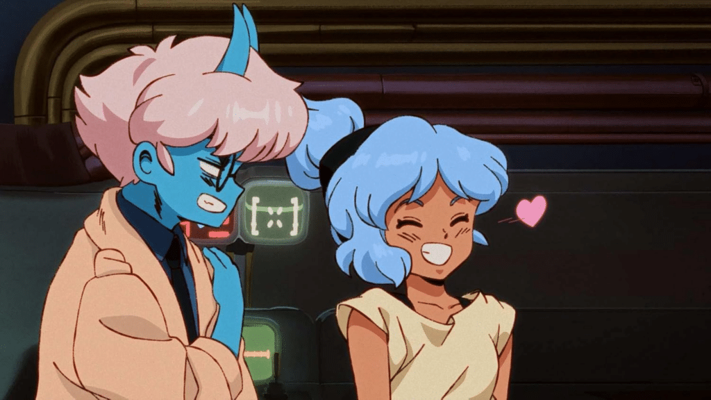 Maki et Omura dans une cinématique rétro du jeu Orbitals