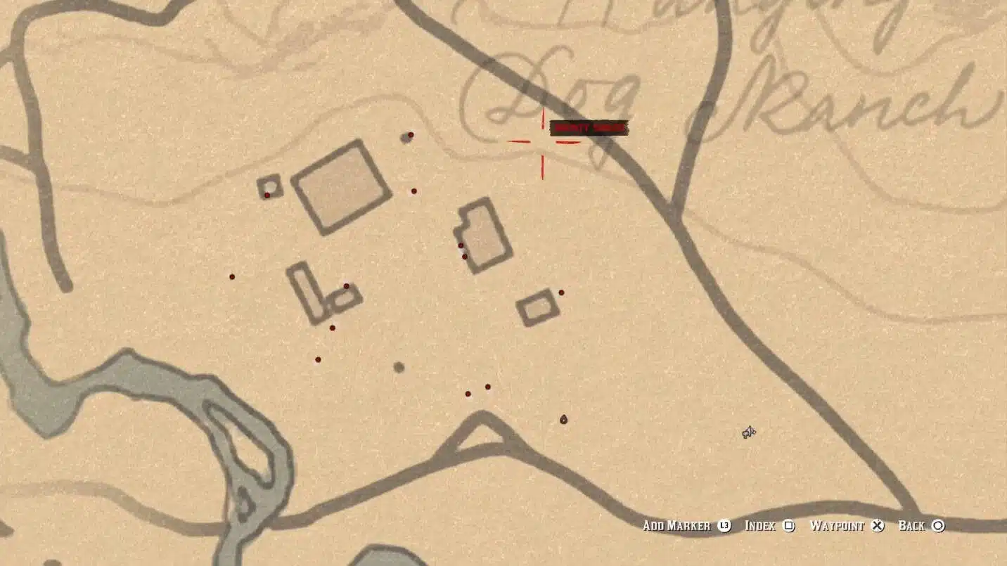 Carte de Hanging Dog Ranch avec le repaire du gang Laramie dans Red Dead Redemption 2