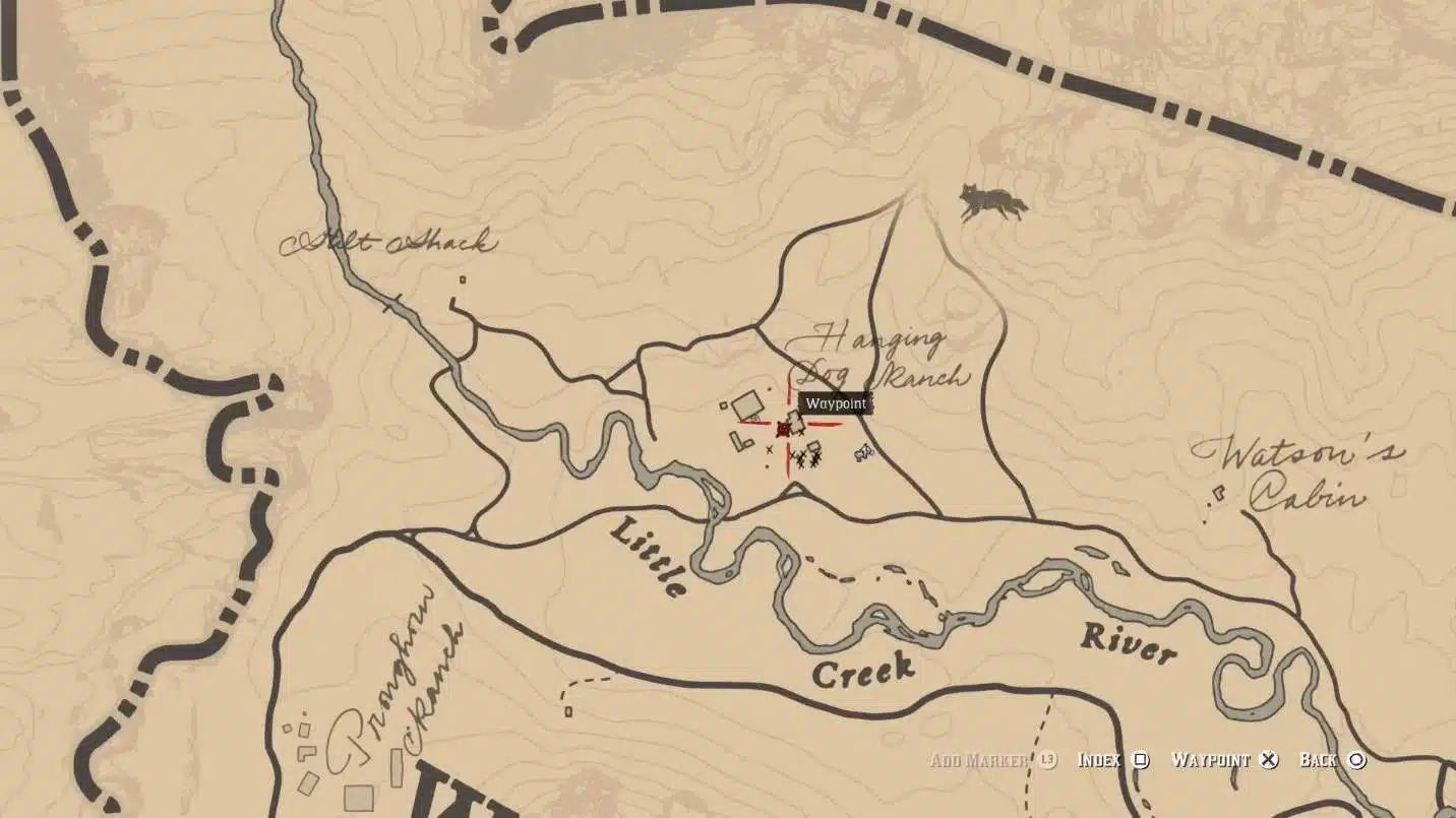 Carte indiquant l’emplacement de Hanging Dog Ranch dans Red Dead Redemption 2