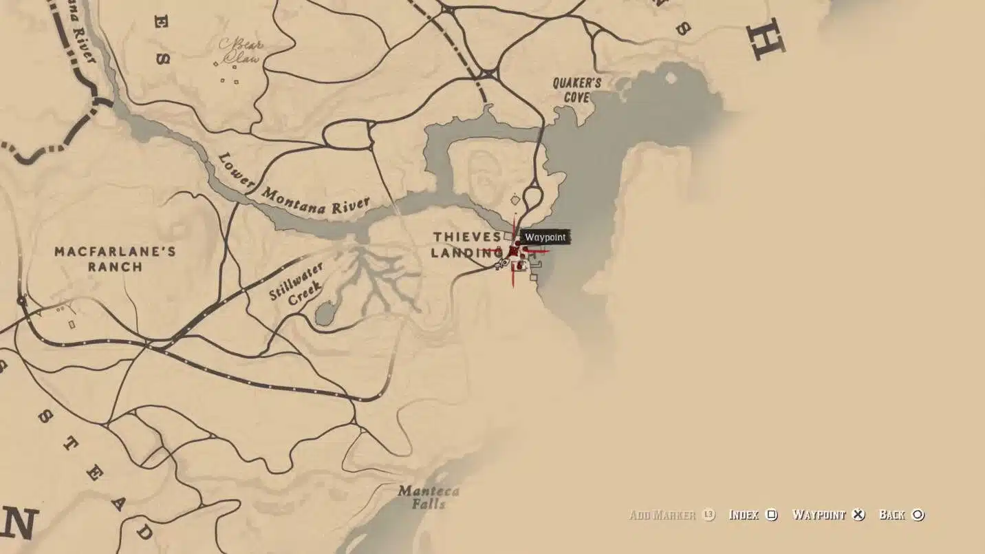 Carte indiquant l’emplacement de Thieves’ Landing dans Red Dead Redemption 2