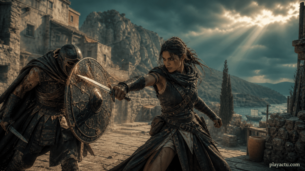 Illustration originale Resonance A Plague Tale Legacy : une aventuriere pare une attaque dans un village antique