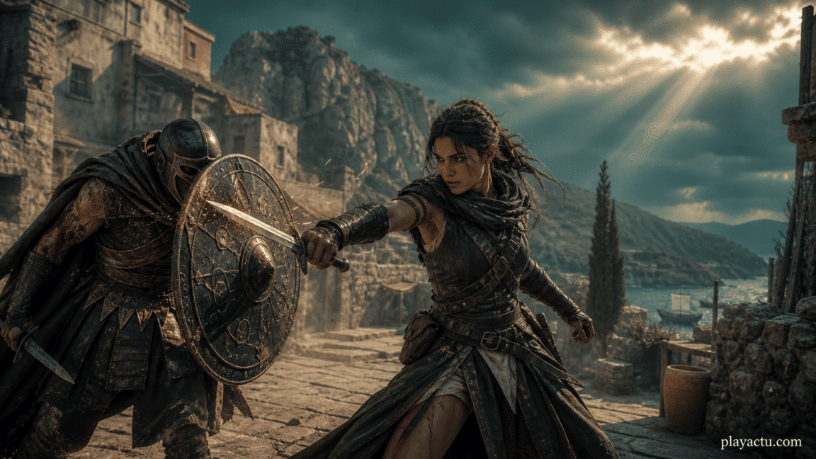 Illustration originale Resonance A Plague Tale Legacy : une aventuriere pare une attaque dans un village antique