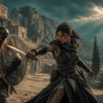 Illustration originale Resonance A Plague Tale Legacy : une aventuriere pare une attaque dans un village antique