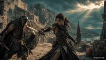 Illustration originale Resonance A Plague Tale Legacy : une aventuriere pare une attaque dans un village antique
