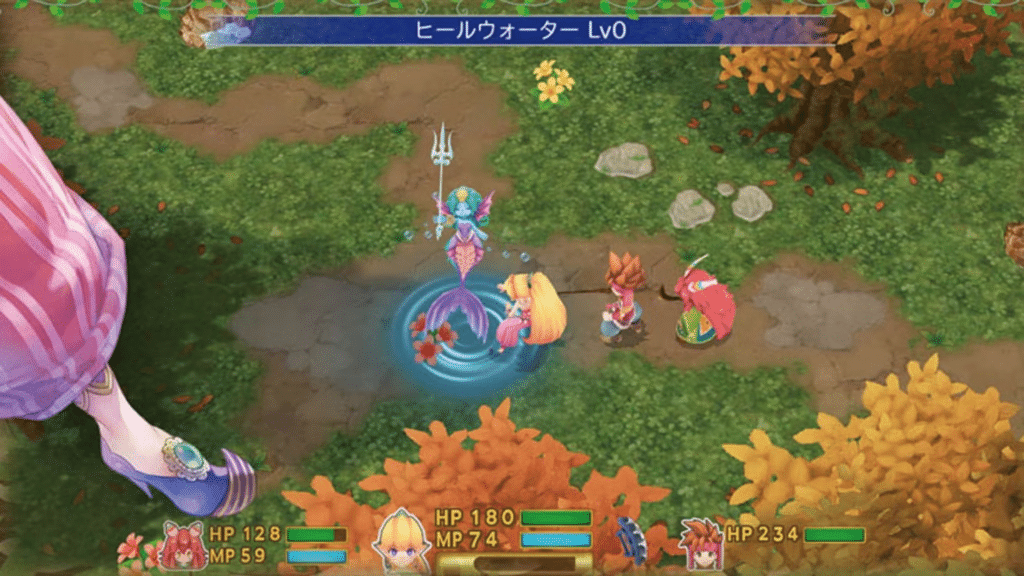 Randi, Primm et Popoï réunis pendant un combat dans Secret of Mana