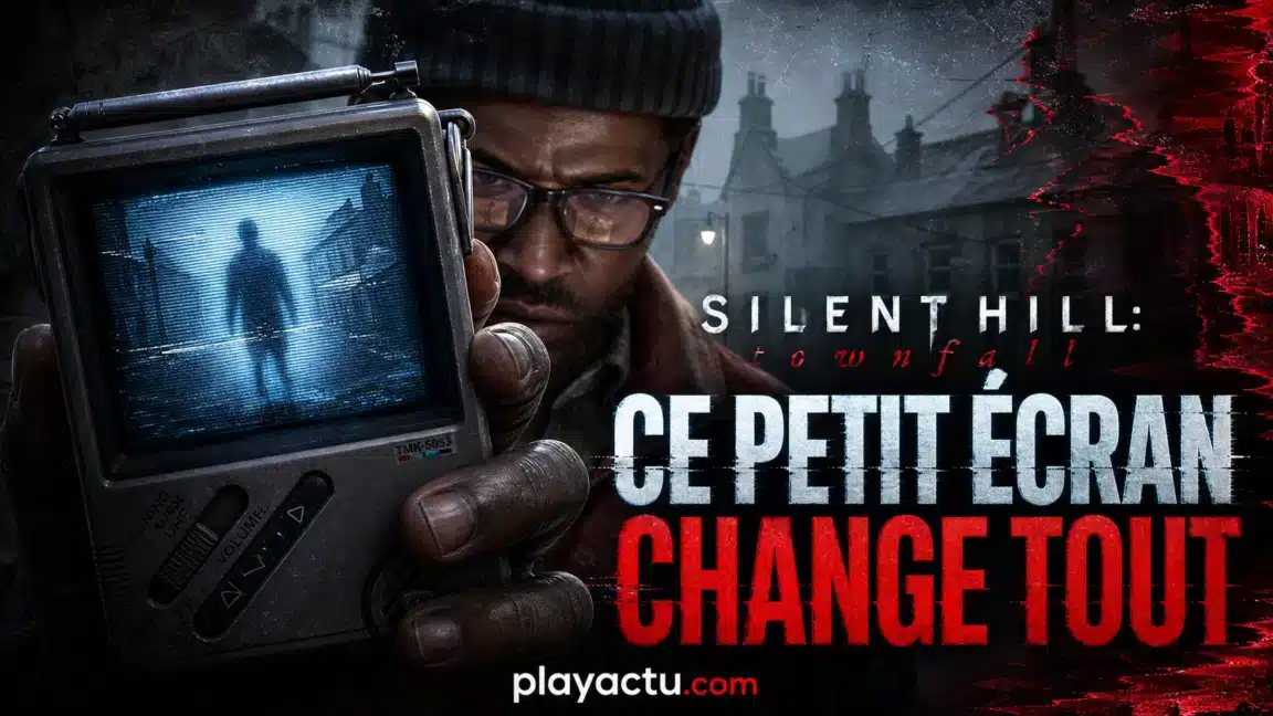 Montage éditorial Silent Hill: Townfall montrant Simon et une silhouette inquiétante dans le CRTV
