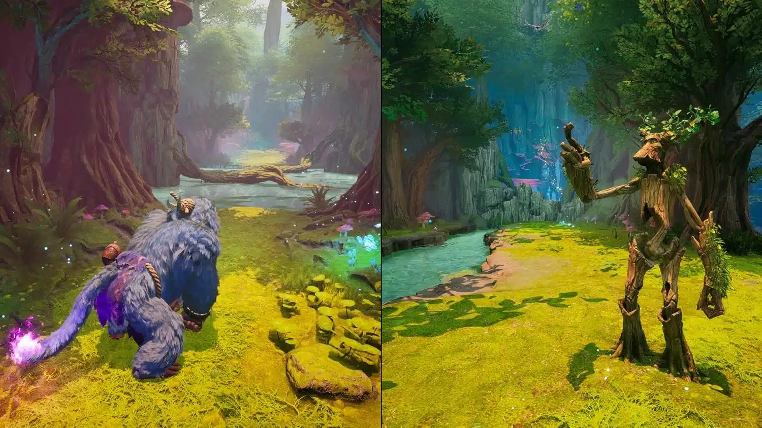 Deux créatures parcourent ensemble une forêt fantasy dans Split Fiction