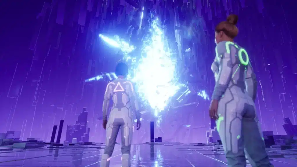 Mio et Zoe devant un portail lumineux dans le monde de science-fiction de Split Fiction