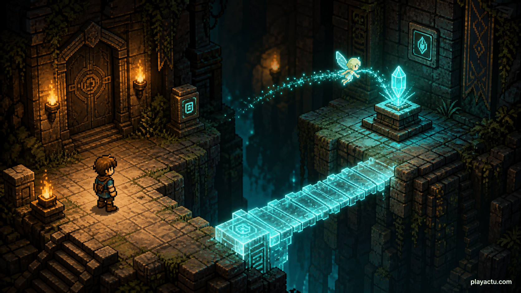 Illustration originale : une fee active un cristal et cree un pont magique dans un sanctuaire