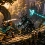 Illustration originale d’un héros combattant un monstre tandis qu’une fée révèle un chemin lumineux