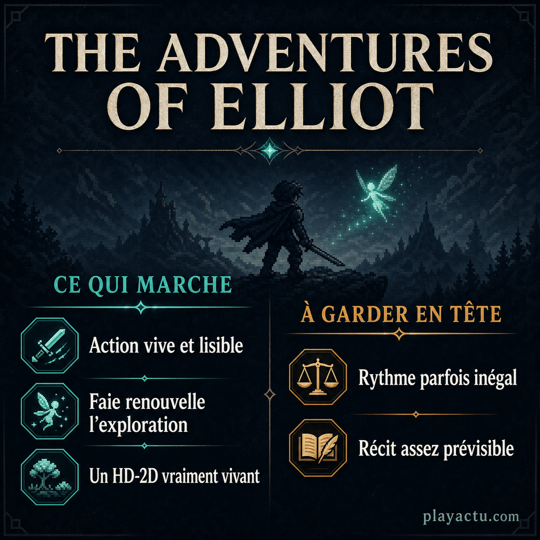 Infographie Playactu résumant les points forts et les réserves du test The Adventures of Elliot