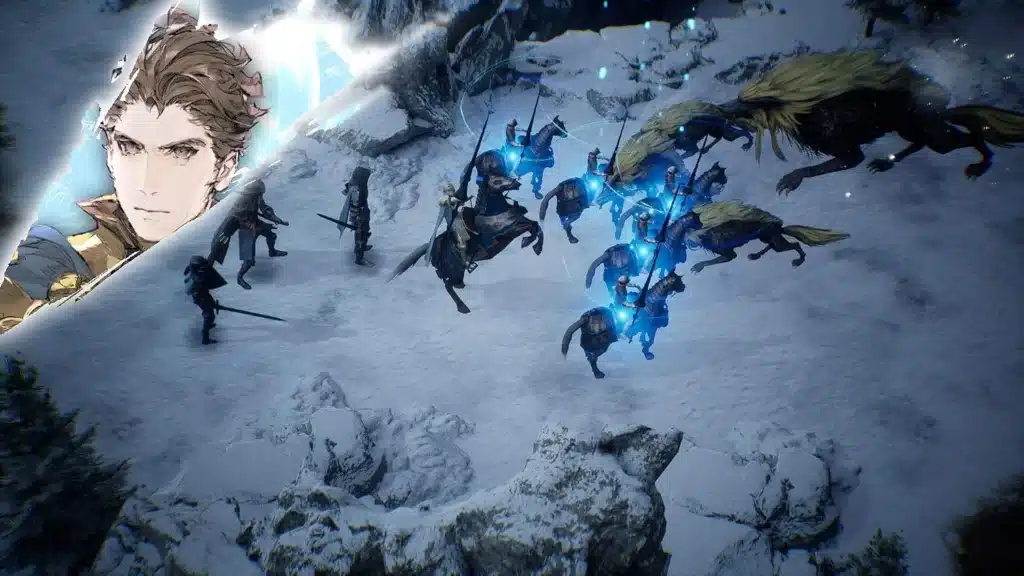Cavaliers affrontant des ennemis sur une carte enneigée dans The DioField Chronicle