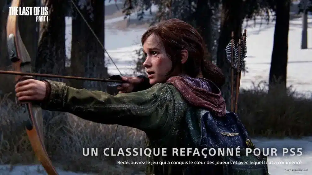 Ellie vise avec un arc dans une forêt enneigée de The Last of Us Part I