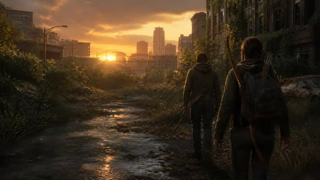 Deux survivants face à une ville envahie par la végétation dans The Last of Us Part I