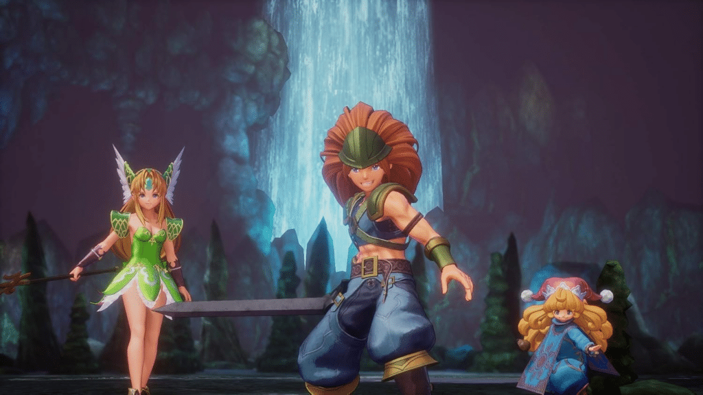 Duran, Riesz et Charlotte devant une cascade dans Trials of Mana