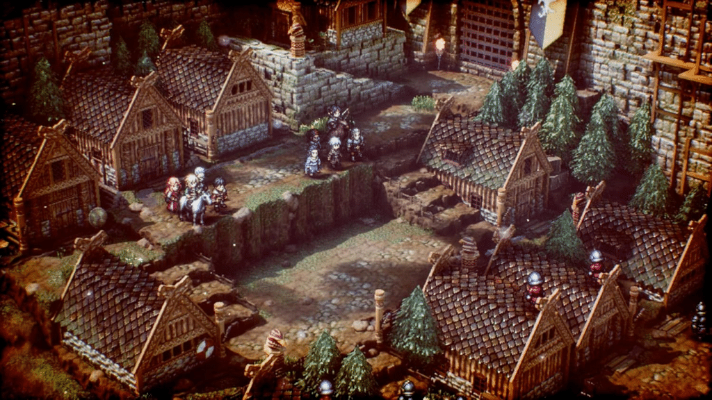 Village médiéval en HD-2D dans Triangle Strategy
